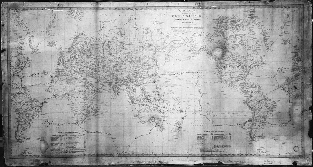 A world map showing the route of HMS Challenger across the Atlantic, Indian and Pacific oceans